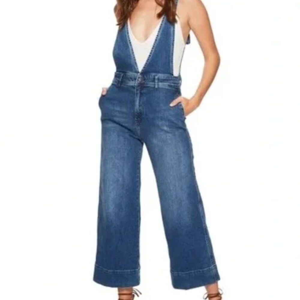 Free People A-Line Deep V Wide Leg Denim Overalls